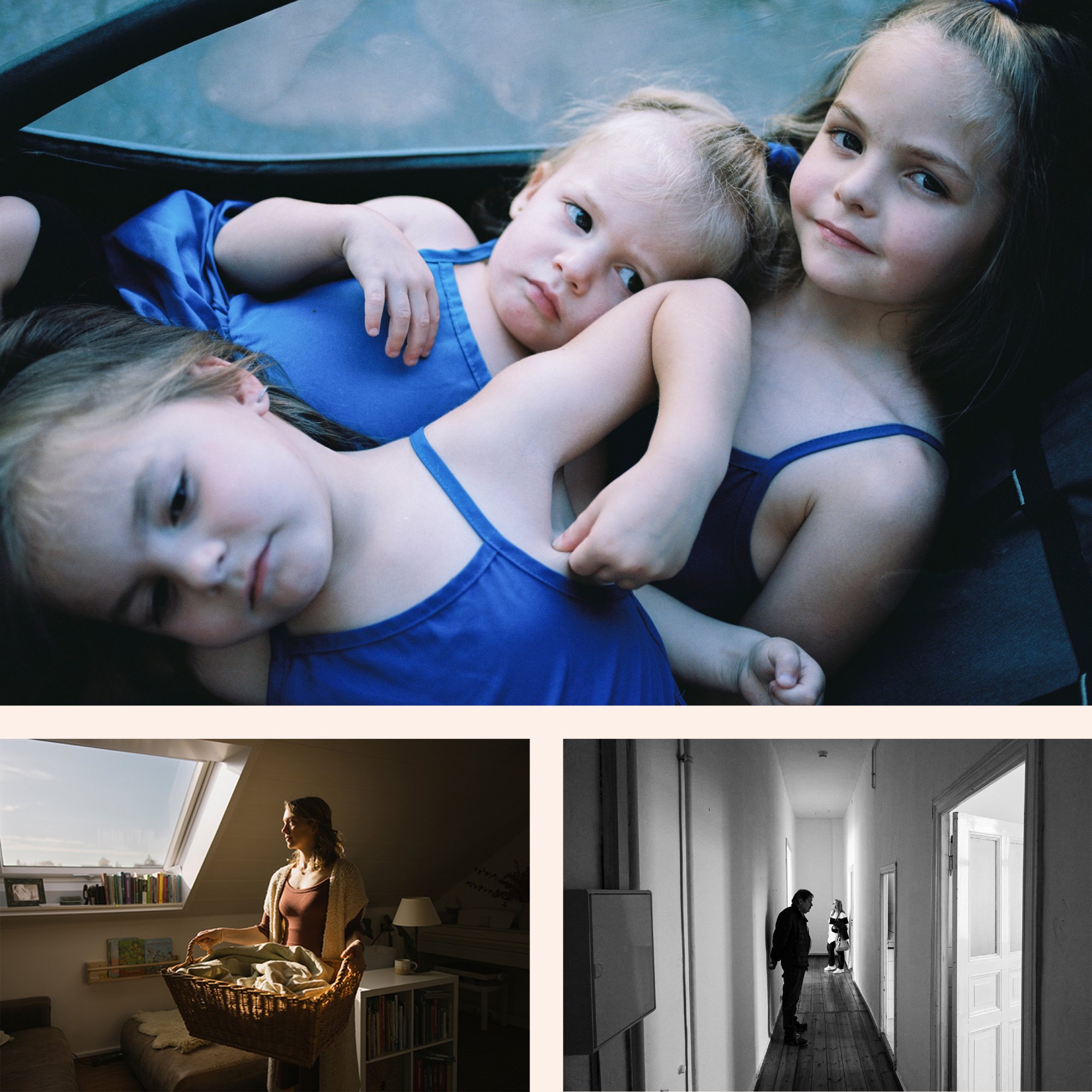 Fotoaward Startseite Teaser Publikumspreis Collage mit drei Bildern. Oberes Bild, am größten, mit Kindern, darunter zwei Bilder, welche Erwachsense Personen zeigen.